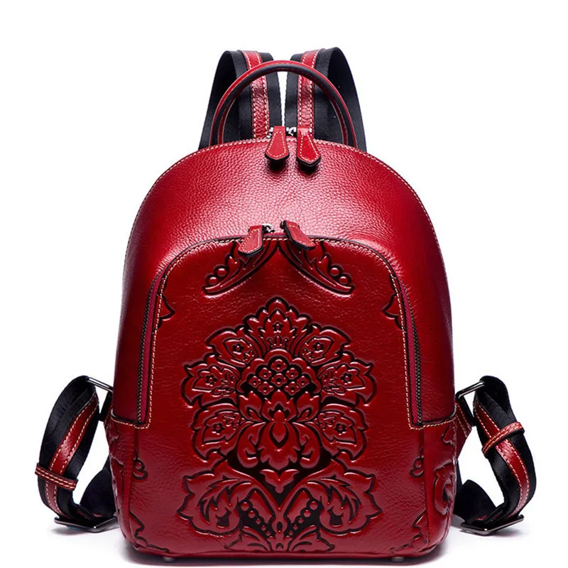 Women's Vintage Genuine Leather Backpack Ladies Chinese National Embossing Travel Backpack Female Cowhide Double Shoulder Bags 
Women's Vintage Genuine Leather Backpack Ladies Chinese National Embossing Travel Backpack Female Cowhide Double Shoulder Bags