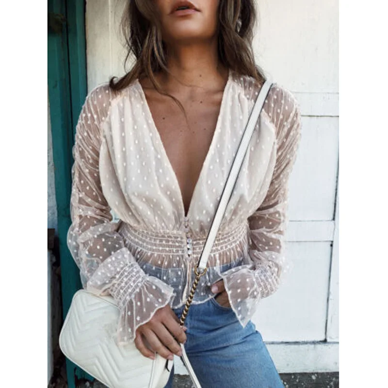 Women Sexy Lace Blouses Puff Long Sleeves Polka Dot Ladies Casual Loose Party See Through V Neck Tops Blouse Femme
Women Sexy Lace Blouses Puff Long Sleeves Polka Dot Ladies Casual Loose Party See Through V Neck Tops Blouse Femme