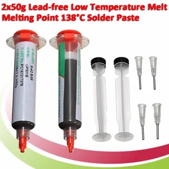 2x50g Solder Paste Syringe Lead-free Low Temperature SMT 138 Degree Melting Point for Welding Working
2x50g Solder Paste Syringe Lead-free Low Temperature SMT 138 Degree Melting Point for Welding Working