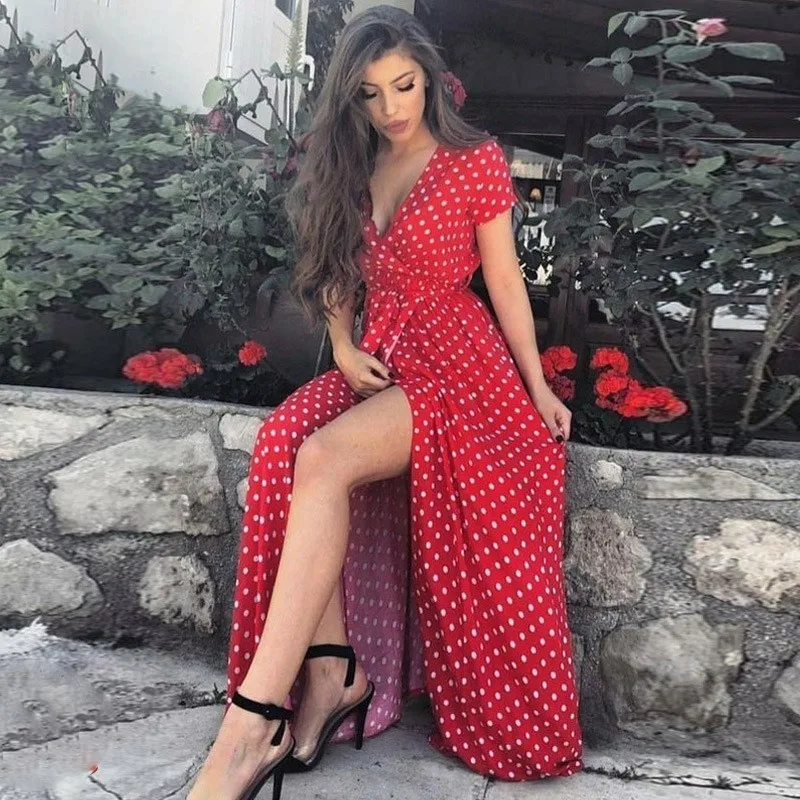 Summer Women Beach Boho Maxi Long Dress Vintage Retro Polka Dot Sexy V Neck Splits Femme Party Dresses For Short Sleeve Vestido
Summer Women Beach Boho Maxi Long Dress Vintage Retro Polka Dot Sexy V Neck Splits Femme Party Dresses For Short Sleeve Vestido