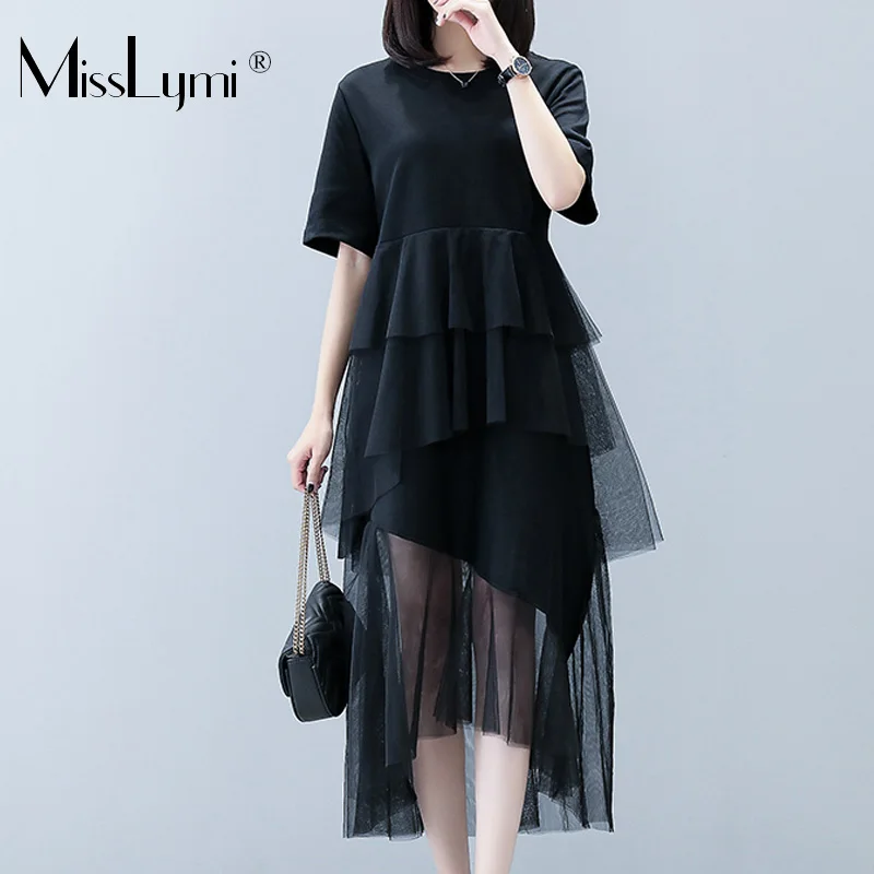L-5XL Plus Size Women Mesh Dress Summer 2019 Short Sleeve Cotton T shirt Patchwork Mesh Ruffle Asymmetry Fringe Dresses Black
L-5XL Plus Size Women Mesh Dress Summer 2019 Short Sleeve Cotton T shirt Patchwork Mesh Ruffle Asymmetry Fringe Dresses Black