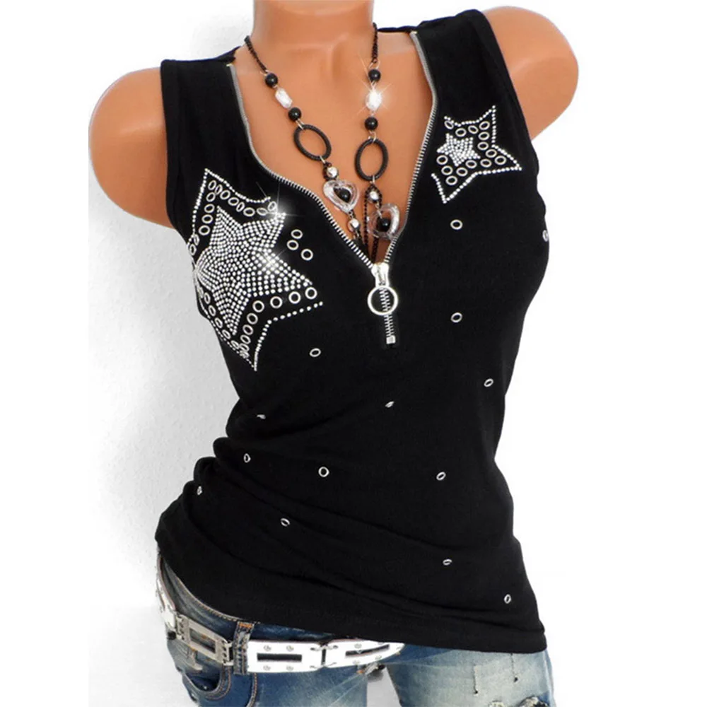 

Rosegal Plus Size Star Rhinestone Embellished Half Zip Tank Top Sleeveless Plunging V-Neck Patchwork Sequin Tanks 2019