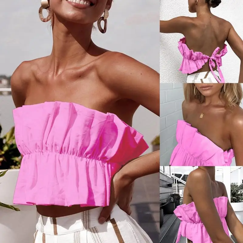 

Women Western Fashion Sexy Drape Solid Color Sleeveless Strapless Slash Neck Crop Top Chest Wrap Backless Tee Shirt Vest Femme