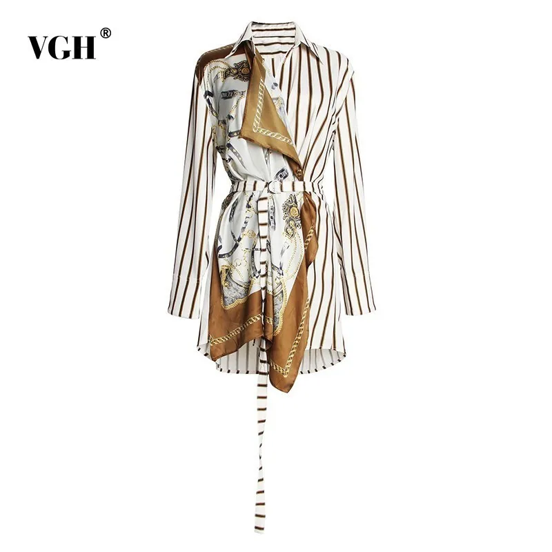 

VGH Summer Striped Print Women Shirt Lapel Collar Long Sleeve Sashes Slim Hem Asymmetrical Clothing Top Female 2019 Fashion New