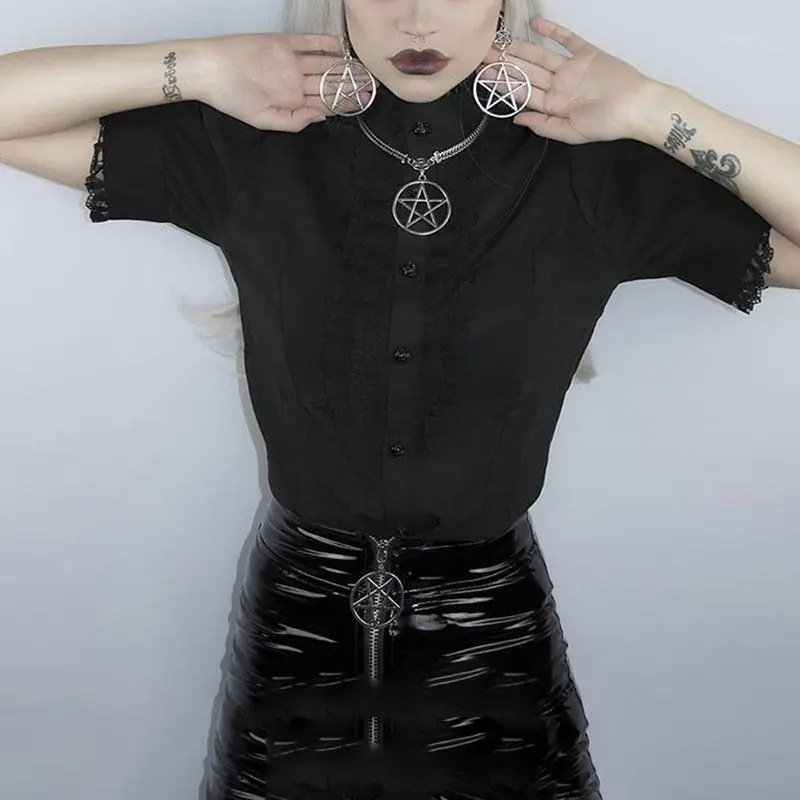 Women Gothic Blouse Lace Draped Patchwork New Lolita Style Solid Black Sexy Slim 2019 Summer Top Girl Elegant Goth Blouses Shirt
Women Gothic Blouse Lace Draped Patchwork New Lolita Style Solid Black Sexy Slim 2019 Summer Top Girl Elegant Goth Blouses Shirt