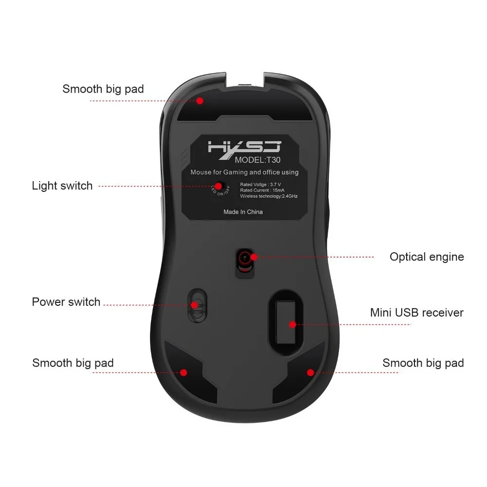Беспроводная мышь T30 7 кнопок 3600 DPI перезаряжаемая Бесшумная со стандартным