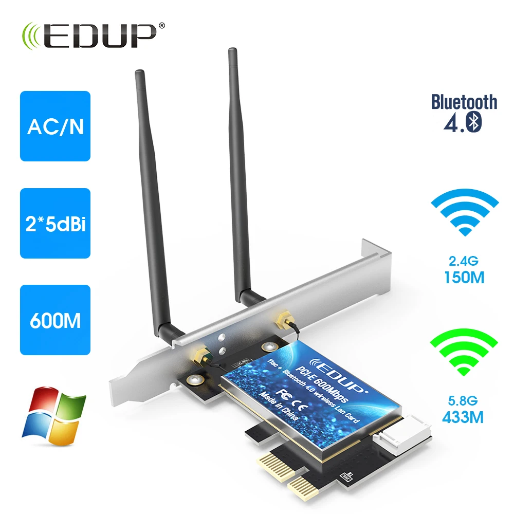 EDUP 600Mbps Network Card 2.4G/5G Wireless Bluetooth WiFi LAN Card PCI-EX1 Network Adapter For PC
EDUP 600Mbps Network Card 2.4G/5G Wireless Bluetooth WiFi LAN Card PCI-EX1 Network Adapter For PC