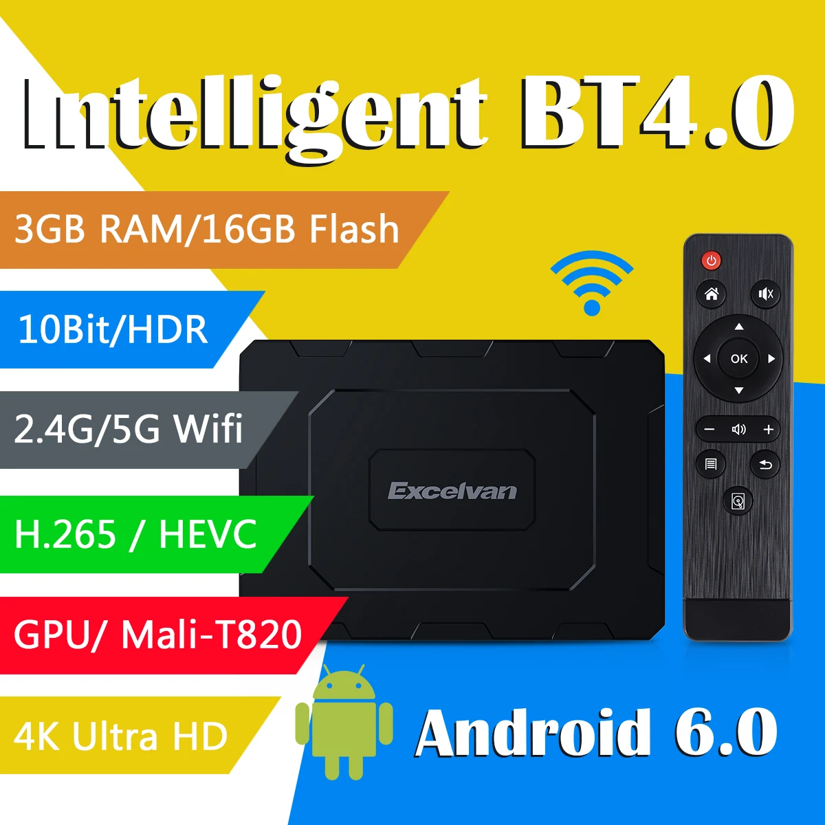 

Excelvan EX-T2 Android 6.0 TV Box Octa Core Cortex-A53 Mali-T820 Wireless Bluetooth 4.0 TV BOX 2.4G/5G Wifi 4K HDMI Media Player