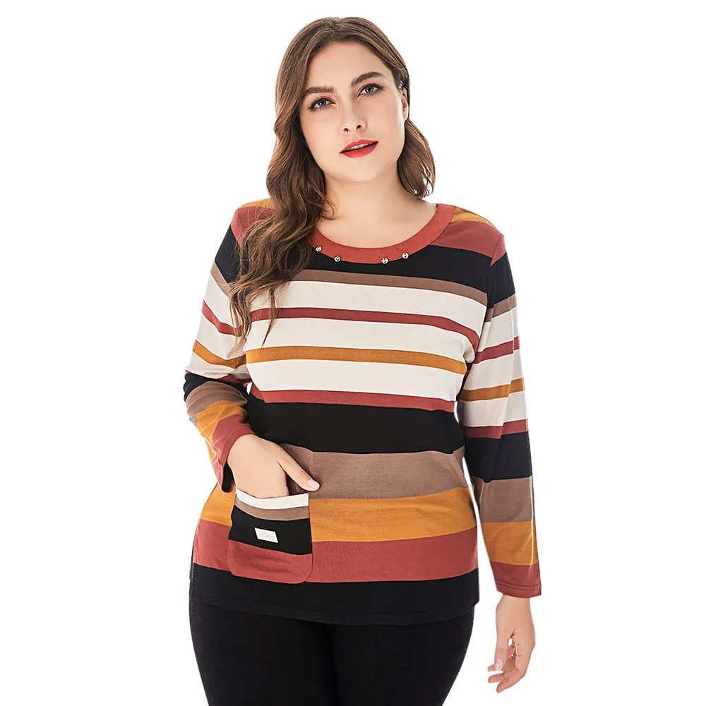 

Spring Colorful Stripes Tops Women Plus Size T-Shirt Casual Jewel Neck Shoulder Pad Long Sleeve Tee Shirt Femme Cotton T Shirt
