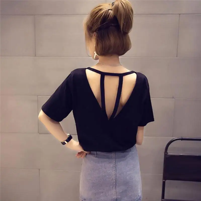 New Women Backless T-shirts Casual Solid Color Short Sleeve Hollowed Round Slim Fit Neck Summer Sexy Fashion Tee Tops Female
New Women Backless T-shirts Casual Solid Color Short Sleeve Hollowed Round Slim Fit Neck Summer Sexy Fashion Tee Tops Female