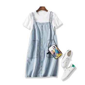 

19 Summer New Forever Eighteen-Year-Old! Was Thin Wild High Waist Loose Leisure Washed Denim Dress Jumper Dress