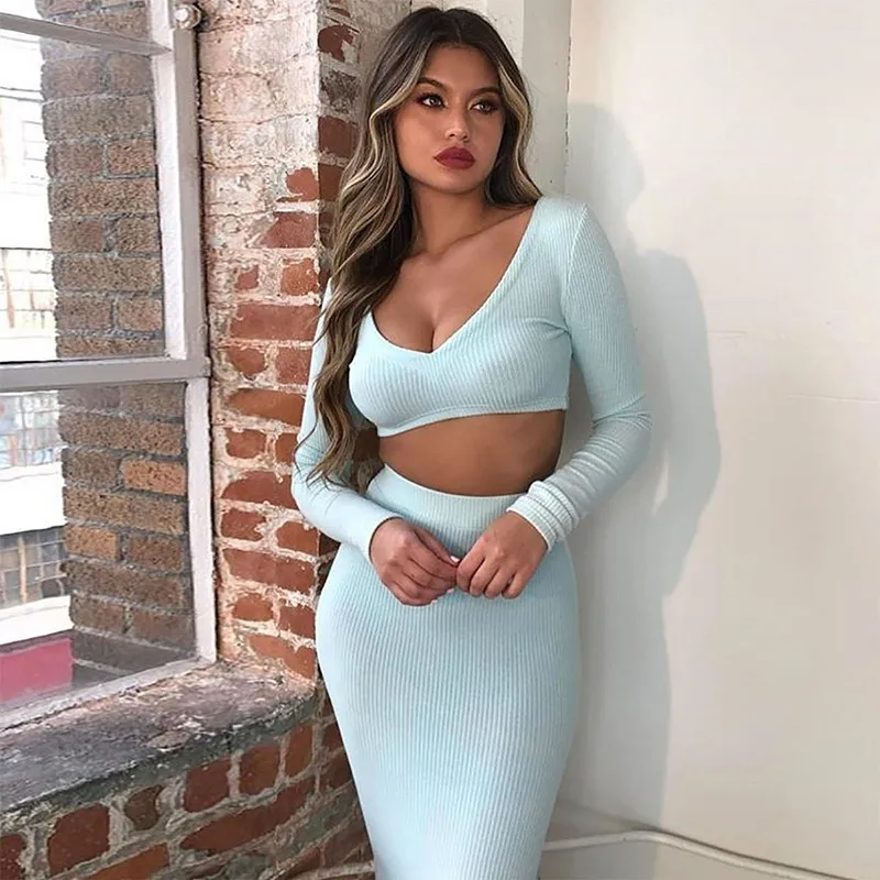 Knitted Women Two Pieces Set Long Sleeve High Waist Backless Top And Long Skirt Summer Women Set Bodycon 2 Piece Set
Knitted Women Two Pieces Set Long Sleeve High Waist Backless Top And Long Skirt Summer Women Set Bodycon 2 Piece Set