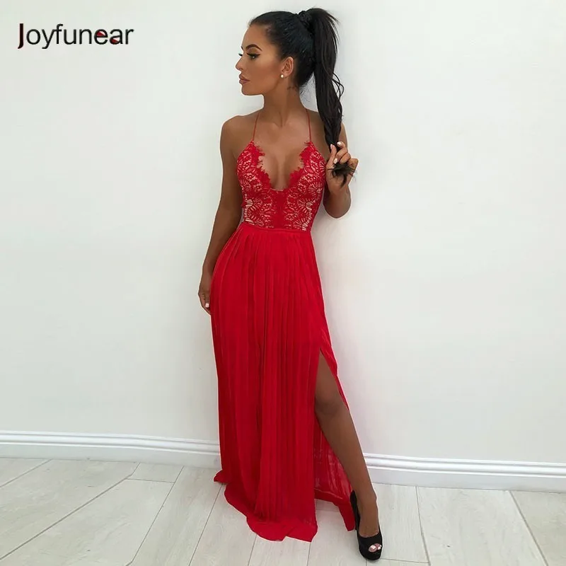 Joyfunear Pleated Lace Maxi Dress Female White Red Elegant Long Dress Hollow Out Halter Split Sexy Dress 2019 Summer Vestidos
Joyfunear Pleated Lace Maxi Dress Female White Red Elegant Long Dress Hollow Out Halter Split Sexy Dress 2019 Summer Vestidos