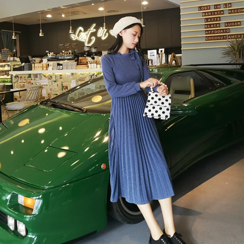 Pengpious 2019 new winter women pleated dress solid color long lantern sleeve fit and flare mid-calf knitted dress with bowtie
Pengpious 2019 new winter women pleated dress solid color long lantern sleeve fit and flare mid-calf knitted dress with bowtie