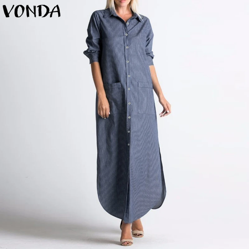 VONDA Women Maxi Long Dress 2019 Autumn Sexy V Neck Full Sleeve Striped Buttons Split Asymmetric Casual Loose Vestidos Plus Size
VONDA Women Maxi Long Dress 2019 Autumn Sexy V Neck Full Sleeve Striped Buttons Split Asymmetric Casual Loose Vestidos Plus Size