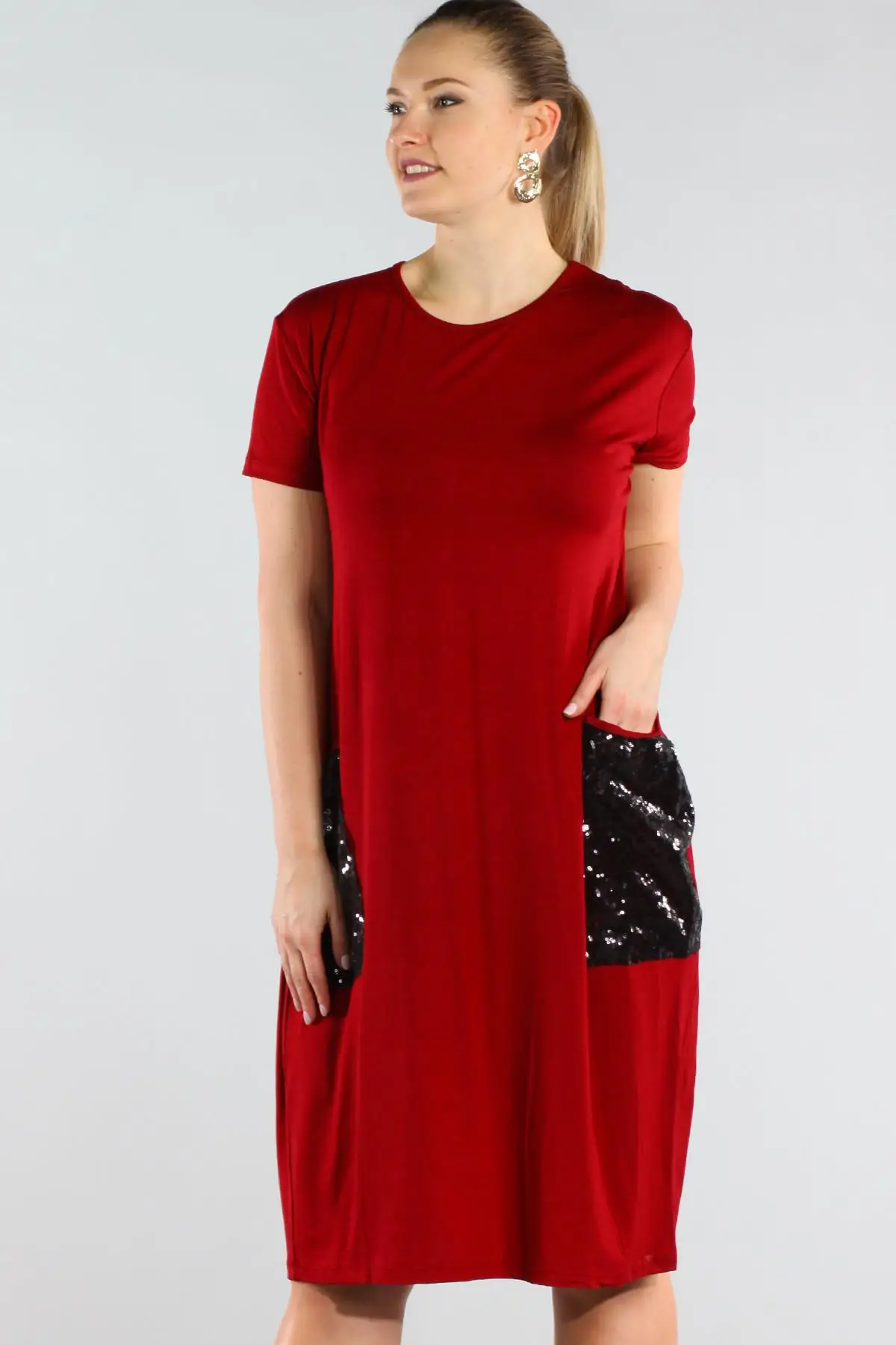 Sans Textile женское бордовое вискозное карманное платье с блестками 65N10055 | Женская