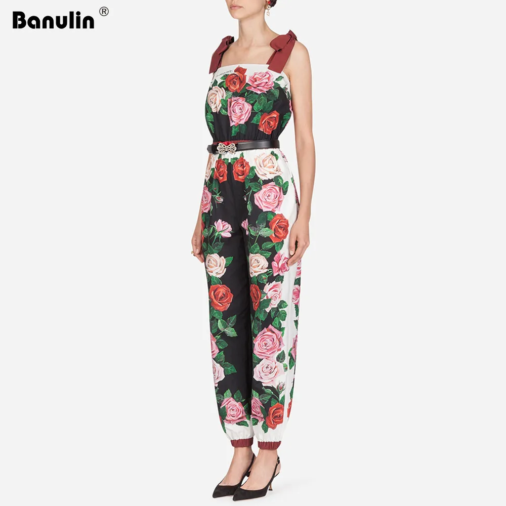 Fashion Runway Designer Summer Rompers Women's Spaghetti Stripe Bow Tie Rose Floral Print Loose Elegant Jumpsuit with Belt
Fashion Runway Designer Summer Rompers Women's Spaghetti Stripe Bow Tie Rose Floral Print Loose Elegant Jumpsuit with Belt