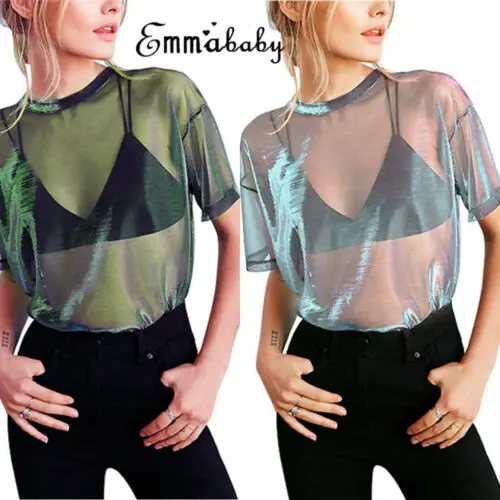 2019 New Fashion See-Through Vintage Shiny Women's Tops Short SleeveT-Shirt Casual Clothes
2019 New Fashion See-Through Vintage Shiny Women's Tops Short SleeveT-Shirt Casual Clothes