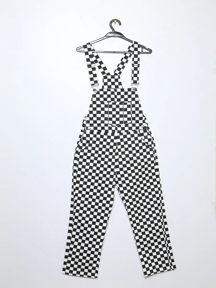 orange and white checkered overalls