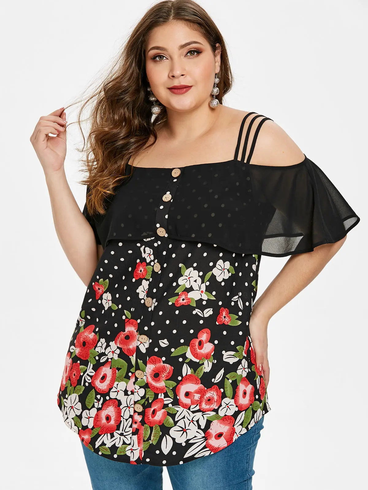 Wipalo Women Plus Size Cold Shoulder Dot Floral Print Ruffled Blouse Spaghetti Strap Casual Chiffon Blouse Summer Ladies Top 5XL
Wipalo Women Plus Size Cold Shoulder Dot Floral Print Ruffled Blouse Spaghetti Strap Casual Chiffon Blouse Summer Ladies Top 5XL