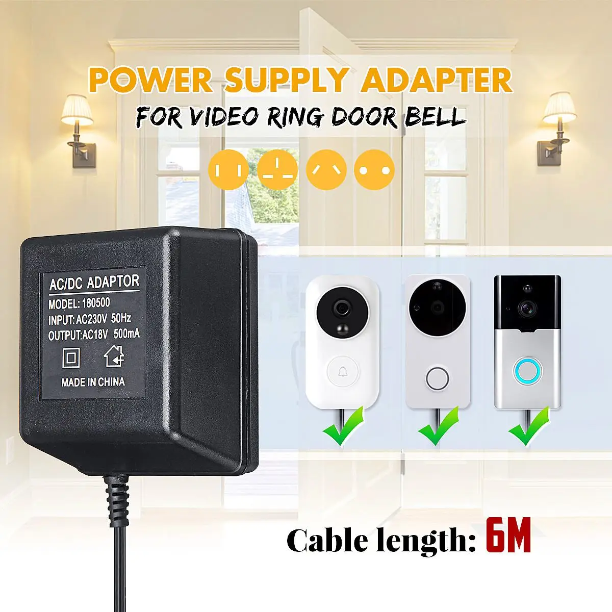 AU US UK EU Plug 6m 18V AC Transformer Charger For Wifi Wireless Doorbell Camera Power Adapter IP Video Intercom Ring 110V-230V
AU US UK EU Plug 6m 18V AC Transformer Charger For Wifi Wireless Doorbell Camera Power Adapter IP Video Intercom Ring 110V-230V