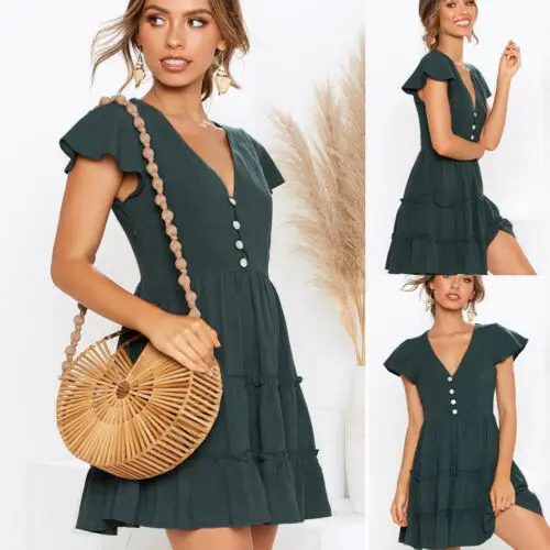 New Women V Neck Short Butterfly Sleeve Solid Color A-Line Button Elegant Dress Evening Party Dresses
New Women V Neck Short Butterfly Sleeve Solid Color A-Line Button Elegant Dress Evening Party Dresses