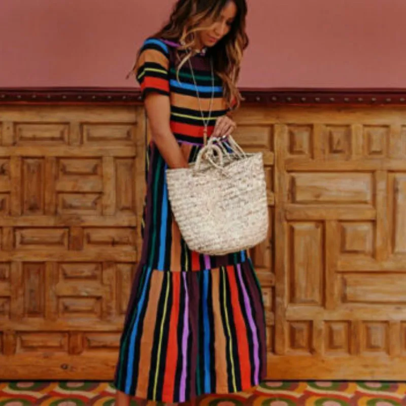 Women Rainbow Strripe Boho Dress Short Sleeve Long Dress Ladies Summer Sundress Holiday
Women Rainbow Strripe Boho Dress Short Sleeve Long Dress Ladies Summer Sundress Holiday