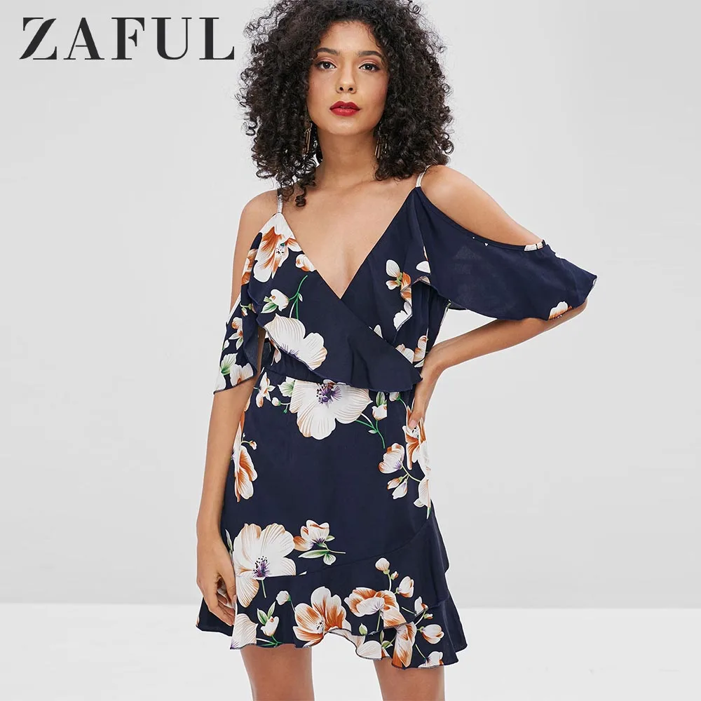 

ZAFUL Floral Ruffles Cold Shoulder Dress Frilled Mini Short Sleeve Print A-Line Surplice Dress Bodycon Casual vestidos de fiesta