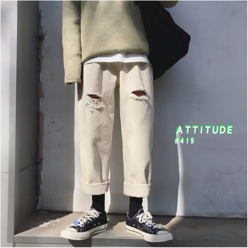 Spring New Pants Men Fashion Retro Solid Color Casual Straight Trousers Man Streetwear Hip Hop Loose Torn Hole M-2XL | Мужская одежда