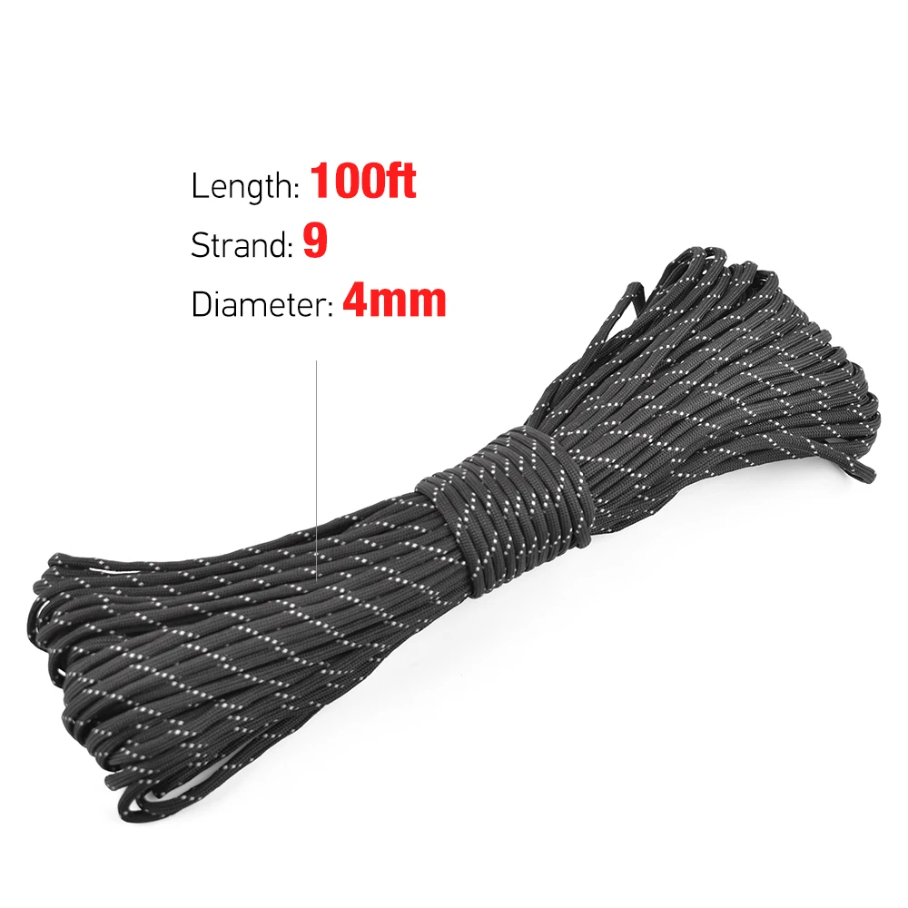 

4mm 9 Strand Cores Paracord Parachute Cord Lanyard 31m/100FT Reflective Paracord Guyline Tent Rope for Survival Camping Climbing
