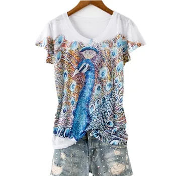 Double peacock print slim t shirt women short sleeve fashion hot drilling tops 2019 new arrivals 
Double peacock print slim t shirt women short sleeve fashion hot drilling tops 2019 new arrivals