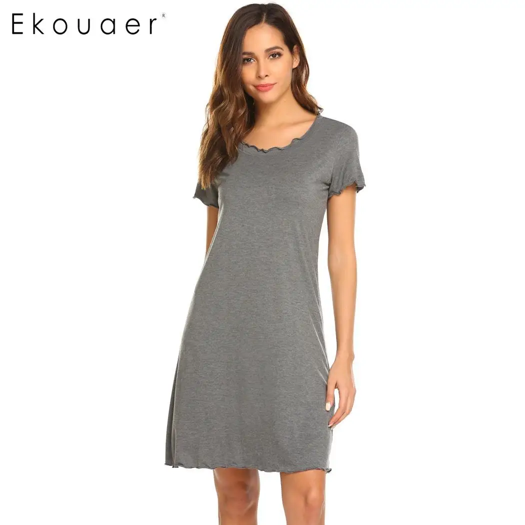

Ekouaer Short Sleeve Nighties Nightgown Women Casual Sleepwear O-Neck Ruffle Loose Nightwear Home Nightdress