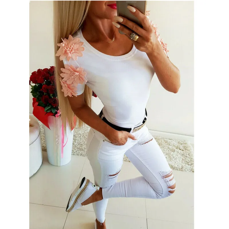 Ladies' Casual Body-Hugging Plain T-Shirt Plain Color Belt Flower Decoration Fashionable Women's Summer Casual Coat S-XL Sizes
Ladies' Casual Body-Hugging Plain T-Shirt Plain Color Belt Flower Decoration Fashionable Women's Summer Casual Coat S-XL Sizes