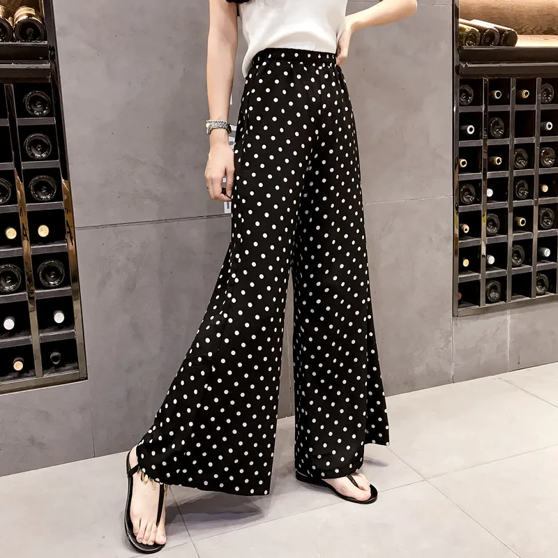 2019 Spring Summer Fashion Female Casual Black Dot Chiffon Wide Leg Pants Women Loose Trousers Elastic High Waist Bohemian | Женская