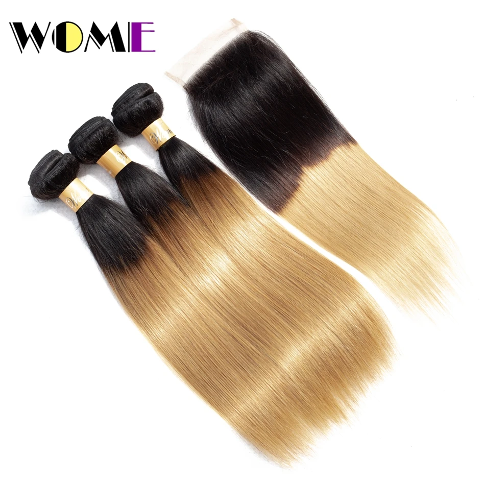 

Ombre Straight Hair Bundles With Closure Non-remy Hair 3 Bundles With Closure T1b/27 Indian Human Hair With 4*4 Lace Closure
