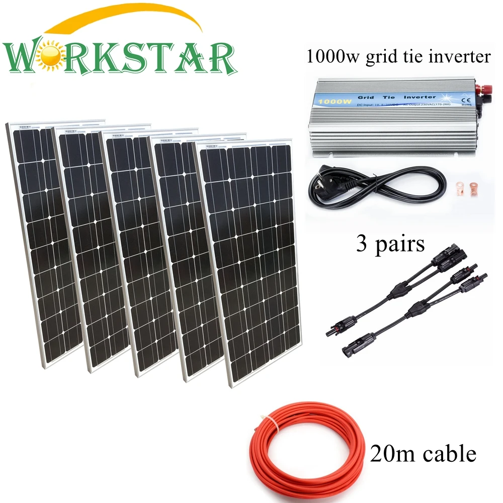 

WORKSTAR 5*100W Glass Grid Solar Panels with 1000W Grid Tie Inverter Complete 500W Grid Tie solar System Kit 20 Years Lifetime