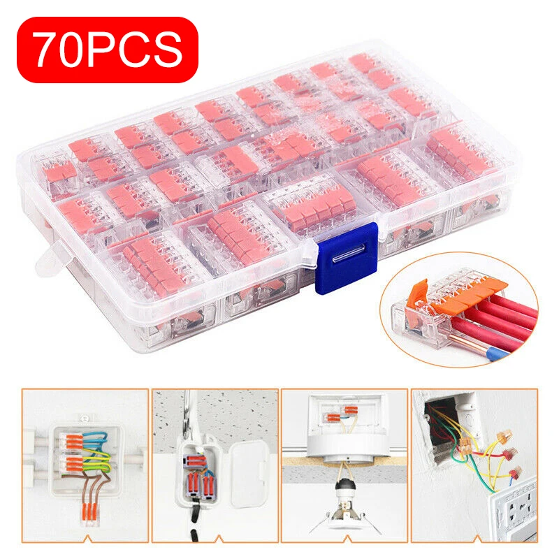 70pcs/kit 2/3/5 Way Wago Type 221-412 413 415 Spring Lever Terminal Block Electric Cable Universal Wiring Cable Connector New
70pcs/kit 2/3/5 Way Wago Type 221-412 413 415 Spring Lever Terminal Block Electric Cable Universal Wiring Cable Connector New