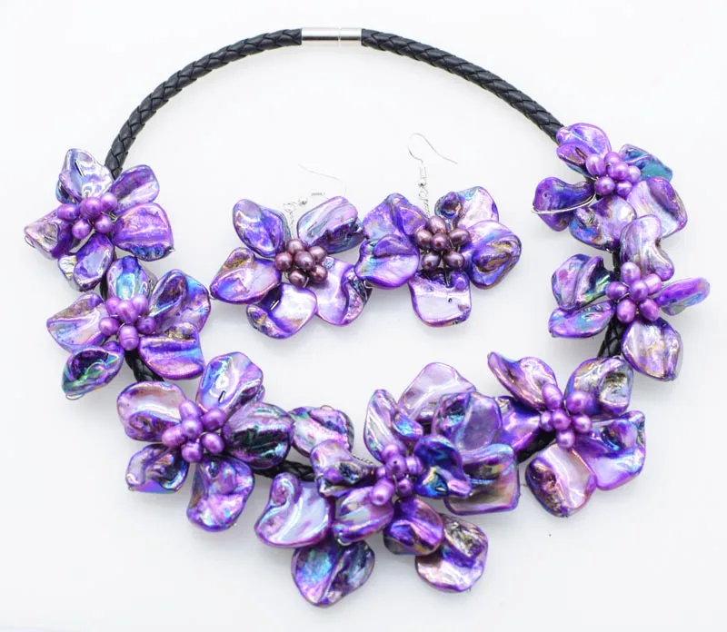 

one set purple shell baroque flower necklace earrings 18inch FPPJ wholesale beads nature