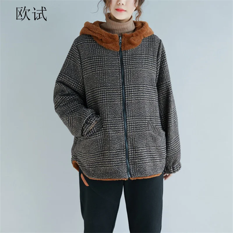 Women Woolen Jacket Long Sleeve Plaid Thicken Velvet Winter Plus Size Jackets Coat Casual Loose Cotton Padded Warm Coats 2018
Women Woolen Jacket Long Sleeve Plaid Thicken Velvet Winter Plus Size Jackets Coat Casual Loose Cotton Padded Warm Coats 2018