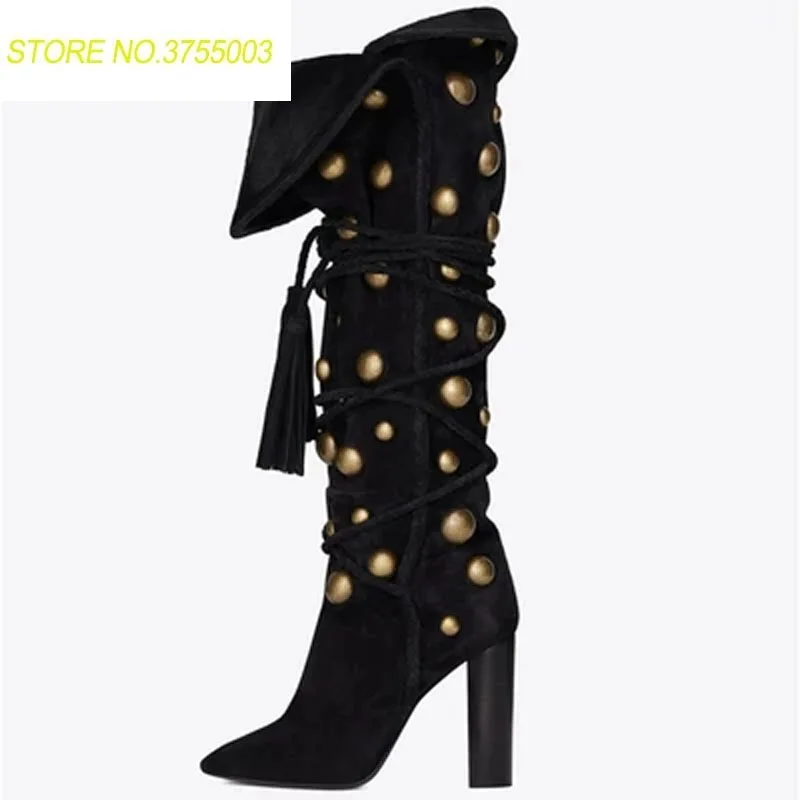 

New Women Warming Fold Golden Rivets Pointed Toe Chunky Heels Fringe Lace Up Tassel Knee High Boots Fashion Long Knight Boots