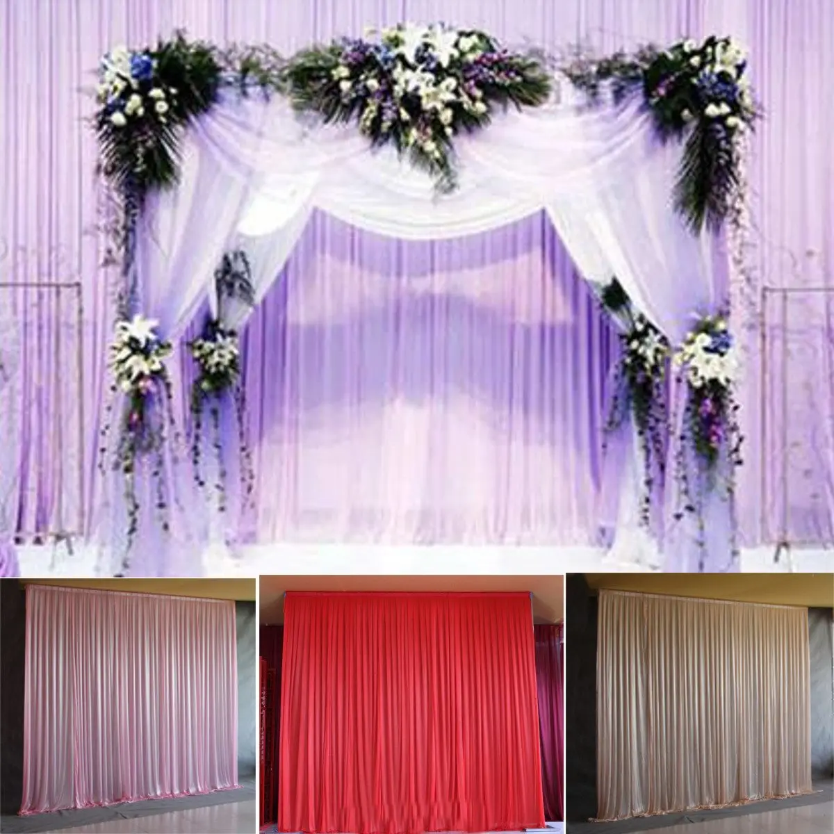 

2.4X1.5m Sheer Silk Drapes Panels Hanging Curtains Party Backdrop 5 Colors Wedding Decoration Drape Big Events Background Cloth