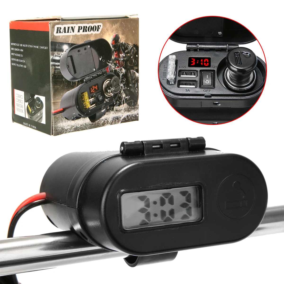 Universal DC12V-24V Waterproof Car Motorcycle Handlebar Cigarette Lighter Socket Dual USB Charger LED Voltmeter With Clock Cover
Universal DC12V-24V Waterproof Car Motorcycle Handlebar Cigarette Lighter Socket Dual USB Charger LED Voltmeter With Clock Cover
