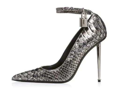 Newest Style Silver Snakeskin Patent Leather High Heels Ankle Buckle Strap Lock Key Decoration Pointed Toe Dress Shoes
Newest Style Silver Snakeskin Patent Leather High Heels Ankle Buckle Strap Lock Key Decoration Pointed Toe Dress Shoes