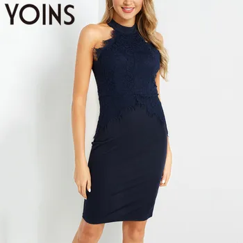 

YOINS Women Midi Dress 2020 Summer Sexy Navy Lace Halter Neck Off shoulder Hollow Out Sleeveless Vintage Bodycon Beach Dresses