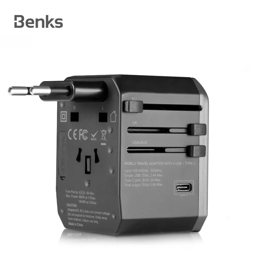

Benks 5.6A Fast Charging Travel Charger Adapter All in one Universal 4 USB International AC Wall Charger UK/EU/AU/US Plug