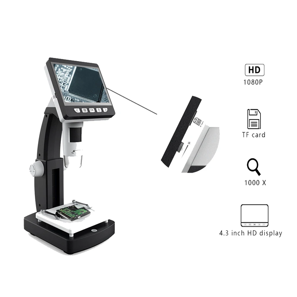1000X Digital Microscope 4.3 inches HD 1080P Portable Desktop LCD Digital Microscope Adjustable 10 Languages 8 LED G710
1000X Digital Microscope 4.3 inches HD 1080P Portable Desktop LCD Digital Microscope Adjustable 10 Languages 8 LED G710