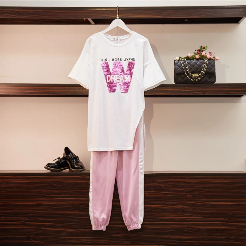 Large size women's college wind summer casual sports suit sequin T-shirt + nine pants two sets of tide
Large size women's college wind summer casual sports suit sequin T-shirt + nine pants two sets of tide
