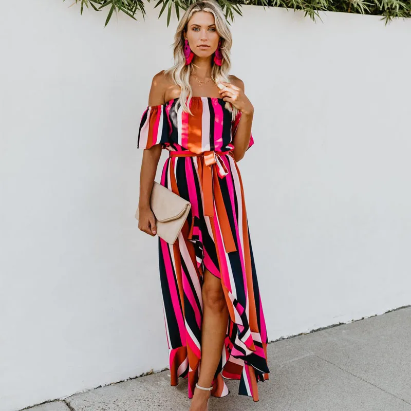 2019 Spring and Summer New Women's Ruffled Short-sleeved Word Collar Belt Striped Print Irregular Dress Robes
2019 Spring and Summer New Women's Ruffled Short-sleeved Word Collar Belt Striped Print Irregular Dress Robes