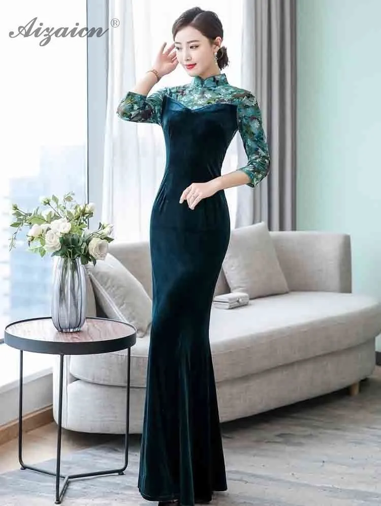 New Velvet Printing Cheongsam Women Chinese Traditional Dress Qipao Deep Green Mermaid Dressing Oriental Vintage Party Dresses
New Velvet Printing Cheongsam Women Chinese Traditional Dress Qipao Deep Green Mermaid Dressing Oriental Vintage Party Dresses