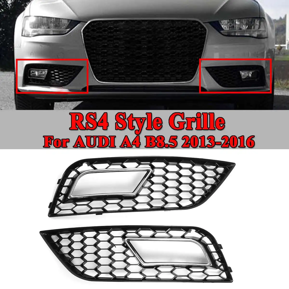 2x Car Bumper Fog Light Lamp Cover Honeycomb Hex Front Racing Grille Grill For Audi A4 B8.5 2013-2016 RS4 Style Chrome/Black
2x Car Bumper Fog Light Lamp Cover Honeycomb Hex Front Racing Grille Grill For Audi A4 B8.5 2013-2016 RS4 Style Chrome/Black